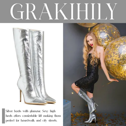 Vista 3 de Grakihily Botas negras de tacón alto con punta puntiaguda hasta la rodilla, botas de moda para mujer