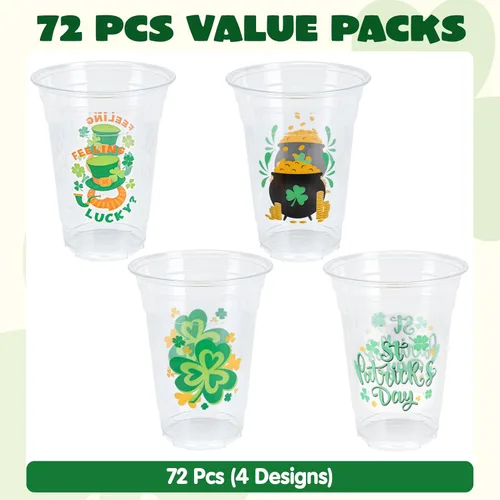 Vista 2 de JOYIN 72 vasos de plástico de 16 onzas para el día de San Patricio, vasos desechables verdes a granel con 4 patrones de caldero de trébol