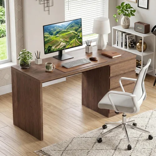 Vista 6 de FUNKOCO Escritorio blanco para computadora con 3 cajones, escritorio de madera para oficina en casa de 53 pulgadas con cajón de archivos