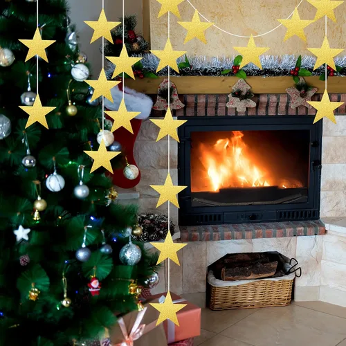 Vista 5 de Gejoy 80 piezas de recorte de estrellas doradas con purpurina dorada, decoración de estrellas doradas, estrella de papel doble impresa para noche