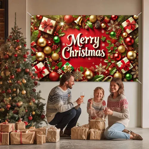 Vista 2 de BlissYard Cartel de Feliz Navidad de 71 x 43 pulgadas, fondo rojo y dorado, caja de regalo, fondo de fotografía, fondo de fotografía para interiores