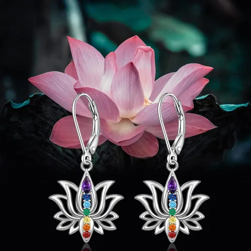 Vista 4 de Aretes de chakras, flor de loto, conejo, voleibol, 7 piedras de chakra, aretes colgantes para mujer, aretes colgantes de cristal curativo para yoga