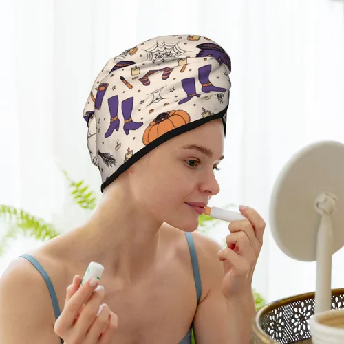 Vista 8 de UNIOND Magic Witch - Toalla de secado de pelo con diseño bohemio, de secado rápido, absorbente, terciopelo coral, gorra de pelo seco con botón fijo