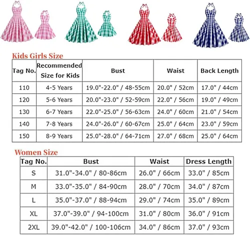 Vista 7 de IWEMEK Vestidos Mommy and Me para niñas, vestido a cuadros rosa y blanco para mujer, vestidos halter a cuadros de los años 50, vestido de cóctel