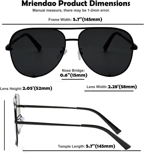 Vista 6 de Mriendao Gafas de sol de aviador para mujeres y hombres, tonos negros clásicos, lentes de sol de piloto de moda, marco de metal, lente UV400