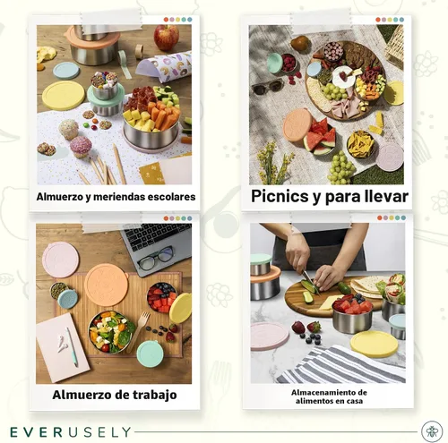 Vista 7 de Recipientes de alimentos de acero inoxidable, cajas de almuerzo de metal, juego de 5, brillantes Everusely lunch containers feature colorful lids