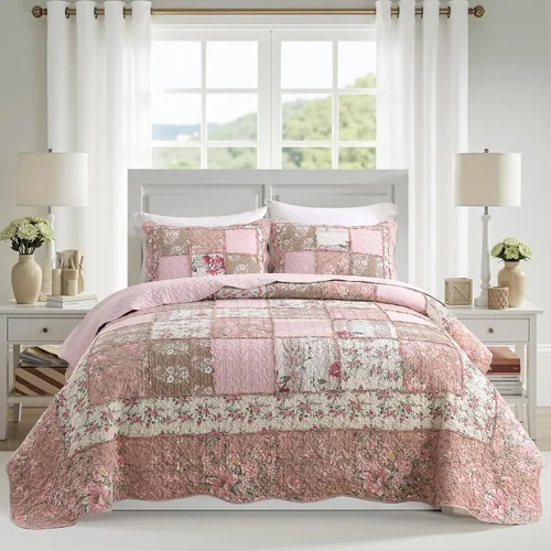 Vista 18 de NEWLAKE Juego de colchas tamaño queen, conjunto de colcha de algodón con diseño de retazos en colores azul y negro con patrones a cuadros, colcha