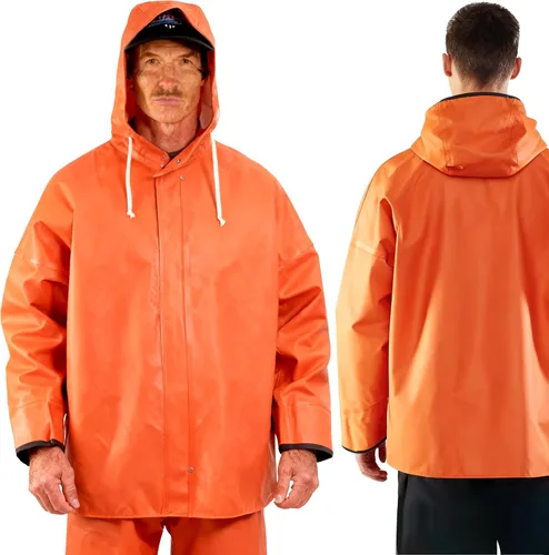 Vista 3 de Chaqueta de pesca comercial para hombre – 0.028 in PU impermeable resistente equipo de lluvia con capucha ajustable Rosa (Coral Rose)