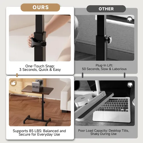 Vista 7 de GTPLAYER Escritorio de pie pequeño, mesa plegable de 24 pulgadas para computadora portátil con ruedas bloqueables, altura ajustable, mesa de noche