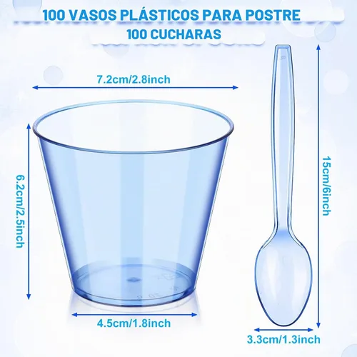 Vista 2 de Tanlade Juego de 100 tazas de postre de 5 onzas con cucharas, vasos de plástico de color para bodas, fiestas de cumpleaños, helados, postres de Azul