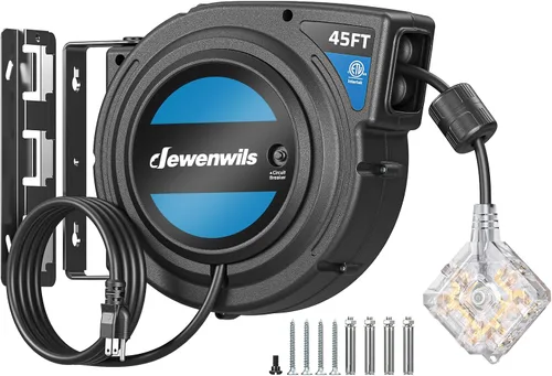 Vista 16 de DEWENWILS Carrete de Cable de Servicio Pesado, Cable de Extensión de Alimentación Retráctil de 40 Pies, 12AWG/3C SJTOW, 3 Tomas Triples Iluminadas