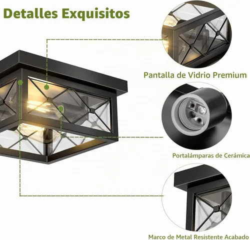 Vista 7 de Asnxcju Luminarias de Techo Estilo Granja para Montaje, Lámpara de Techo Empotrada Negra de 2 Luces con Pantalla de Vidrio Transparente, Lámpara