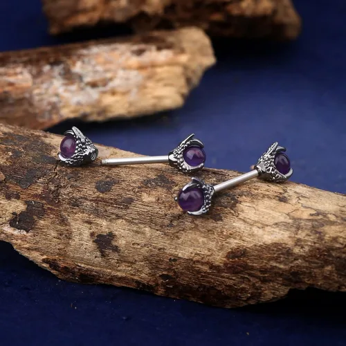 Vista 4 de OUFER Anillos de pezón de garra de dragón de 14G con piedra natural Piercing de acero inoxidable 316L para mujer