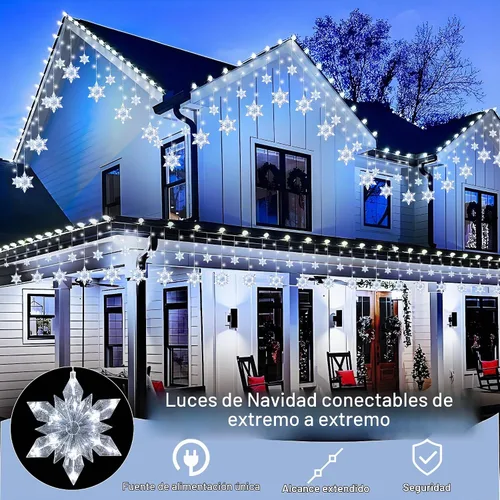 Vista 2 de Luces Navideñas de Copo de Nieve para Exteriores, 8.2 pies, 144 LED Luces de Cadena Navideñas Conectables con Enchufe, Luces Colgantes de Carámbano