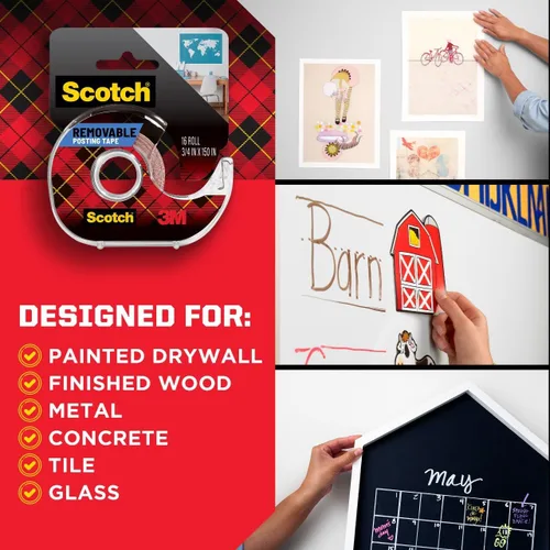 Vista 4 de Scotch-Mount Cinta adhesiva extraíble para pósters, 3/4" x 150" (12.5 ft), transparente, viene con un dispensador conveniente, adhesivo de doble