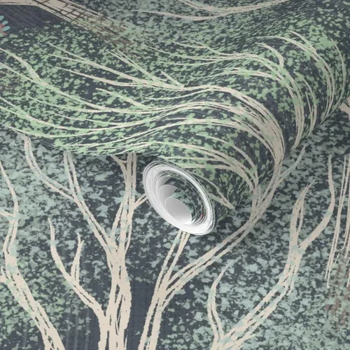 Vista 2 de Spoonflower Fairy Tale Woodland Pre-Pasted Removable Wallpaper Roll 24" x 108" Large Scalehand Drawn Neutral Gray Green Water-activated, simple