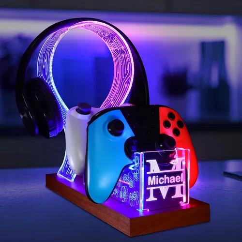 Vista 8 de YuanDian Gamer Gifts for Teenage Boy, Can't Hear You I'm Gaming Headset and Controller Stand, Acrylic Wooden Controller Holder with Blue Pink LED
