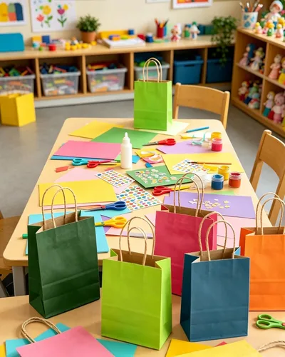 Vista 5 de qiqee Bolsas de regalo pequeñas de papel multicolor con asas a granel para fiesta arcoíris - 8.3"x6"x3.15" 100 piezas