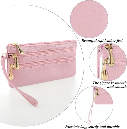 Vista 2 de Bolso de mano de pulsera, de cuero suave, largo con múltiples bolsillos, con correa, cartera portátil para mujer