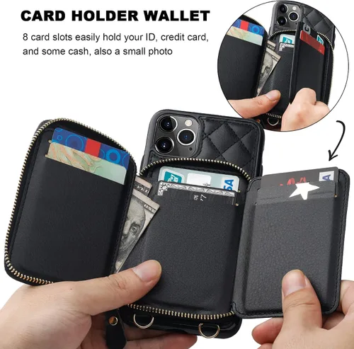 Vista 4 de Bocasal Funda tipo cartera cruzada para iPhone 11 Pro Max, con bloqueo RFID, de piel sintética, con cremallera, funda tipo cartera con función atril