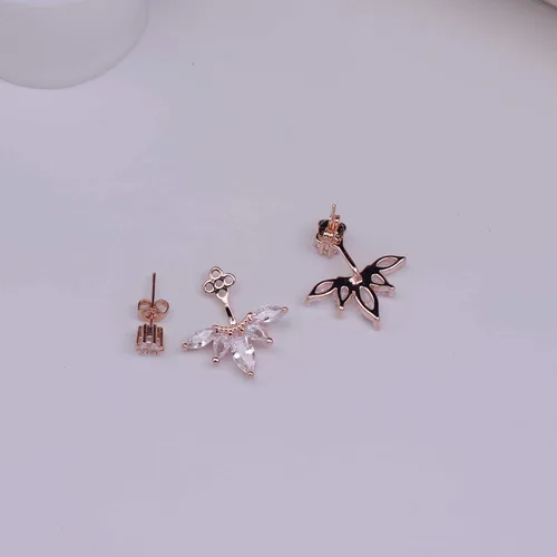 Vista 5 de megko aretes con pasador a rosca, diseño de plumas y hojas, con cristales transparentes, moderno, para mujer