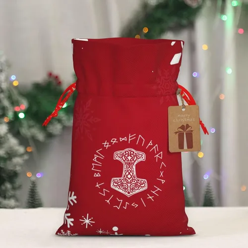 Vista 6 de Mjolnir And Rune Wheel Norse Mythology Symbol Christmas Drawstring Bag Gift Bag, Red Storage Bag, Christmas Gift Bags, Christmas Fabric Bags