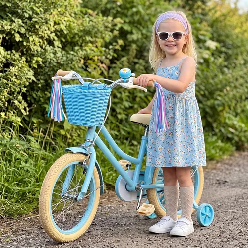 Vista 5 de Hestya Juego de cestas de bicicleta para niños, cesta de mimbre, cesta de bicicleta para manillar para niñas con 2 luces LED para ruedas