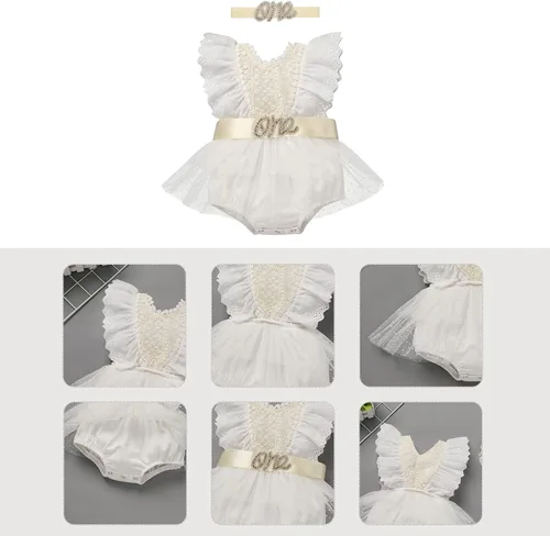 Vista 5 de Traje de bebé recién nacido para primer cumpleaños, traje de encaje bohemio, vestido tutú, brillante, banda para sesión de fotos, ropa