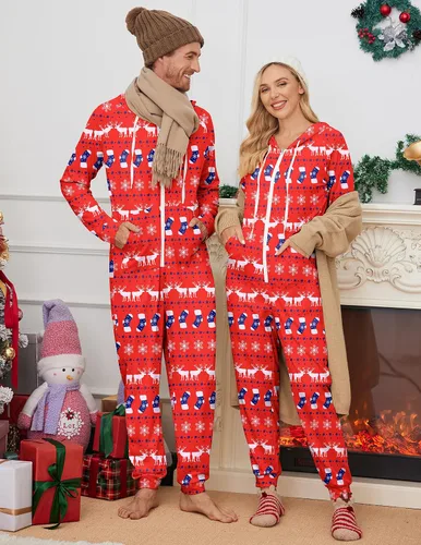Vista 5 de Ekouaer Pijamas a juego para parejas con cremallera y capucha para adultos con bolsillos S-XXL
