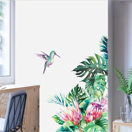 Vista 3 de Calcomanías de pared de hojas tropicales, hojas verdes, flores, calcomanías de pared de palmera, plantas, pájaros, calcomanías para ventana