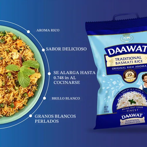Vista 3 de Arroz blanco tradicional basmati Daawat - Bolsa de 10 libras Auténtico arroz basmati de grano extra largo