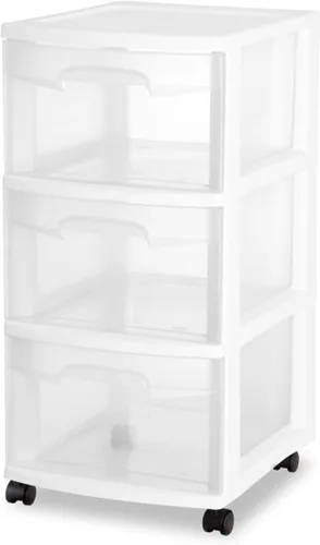 Vista 6 de Sterilite Paquete de 2 organizadores de almacenamiento de plástico, carrito con 3 cajones, organizador de armario, color blanco