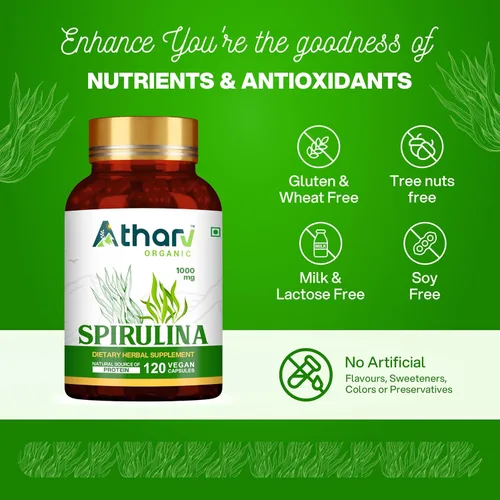 Vista 4 de Suplemento de espirulina de 1000 mg 120 cápsulas veganas Rico en nutrientes naturales Sin OMG y sin gluten Apoyo diario para el bienestar