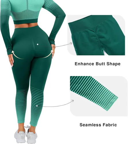 Vista 4 de FeelinGirl Conjuntos de entrenamiento para mujer, 2 piezas, manga larga, trajes de yoga, gimnasio, sin costuras, acanalados, cintura alta, leggings