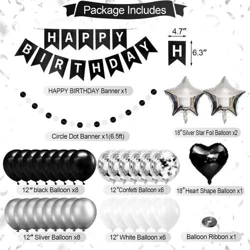 Vista 2 de Decoraciones de fiesta de cumpleaños en blanco y negro, decoraciones de feliz cumpleaños para hombres, mujeres, niños y niñas, incluyendo pancarta