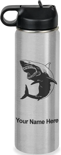 Vista 47 de LaserGram Botella de agua personalizada, gran tiburón blanco, acero inoxidable de doble pared aislada al vacío con popote superior, regalo grabado