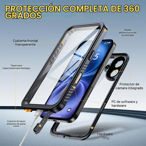 Vista 4 de ANTSHARE Funda impermeable IP68 para iPhone 16, negro/transparente Lente incorporada/protector de pantalla, protección militar contra caídas, funda