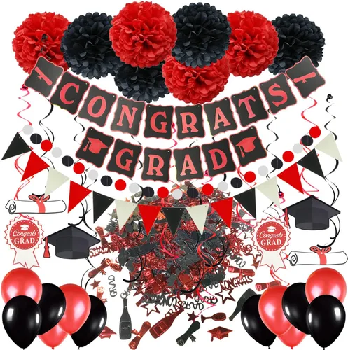 Vista 8 de ZERODECO Decoraciones para graduación, cartel en negro y dorado, pompones de papel espirales colgantes, confeti de papel, guirnaldas y globos