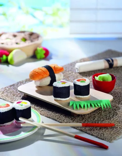 Vista 3 de Haba Biofino juguete suave de sushi, 10 piezas, con charola y palillos