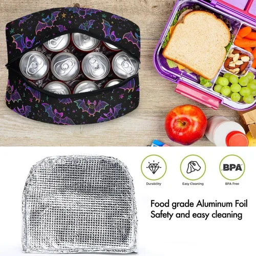 Vista 4 de Bolsa de almuerzo reutilizable para Halloween, colores arcoíris, murciélagos, estrellas, bolsa térmica aislada para el regreso a la escuela