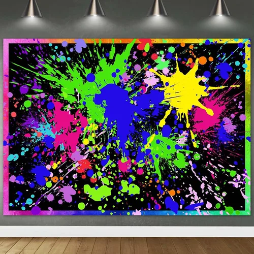 Vista 6 de Avezano Telón de fondo de fiesta de neón brillante que brilla en la oscuridad, graffiti colorido, pintura de salpicaduras, telón de fondo de limo