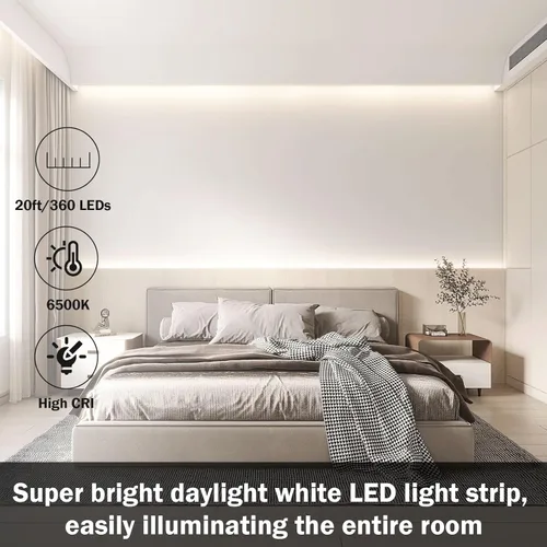 Vista 6 de Tira de luces LED blancas de 20 pies con control remoto, tira de luz LED regulable de 6500 K de 12 V, 360 luces LED flexibles para dormitorio