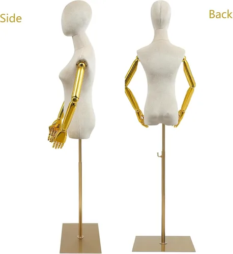 Vista 5 de Torso de maniquí femenino de terciopelo con soporte, soporte de exhibición de maniquí de terciopelo beige, 59 a 78 pulgadas de altura ajustable