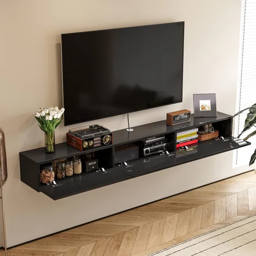 Vista 3 de FurniNova Soporte flotante para TV con 3 puertas, moderno mueble flotante para consola de TV con almacenamiento, estante flotante de madera Negro