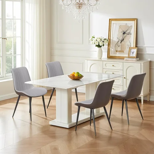 Vista 5 de Sillas de comedor para habitación, mesa y asiento de cocina, paquete de 4 unidades, tapizadas de piel sintética, patrón de ondas, patas de metal