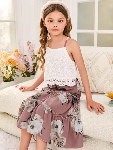 Vista 4 de WDIRARA Conjunto de 2 piezas para niña con encaje en contraste y falda con volantes y estampado floral