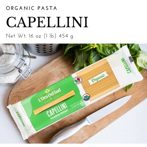 Vista 5 de L'Oro Del Sud Pasta Capellini orgánica, 100% trigo duro, (16 oz x 4 unidades) Pasta italiana hecha con trigo duro de alta calidad, orgánico USDA