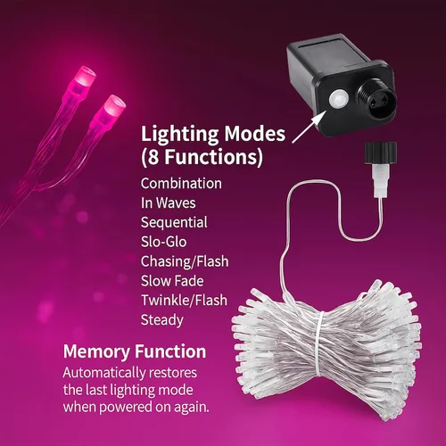 Vista 8 de Etinga - Guirnalda de 100 luces LED rosa, 33 pies con enchufe, luces de hadas decorativas con 8 modos para interiores y exteriores, dormitorio