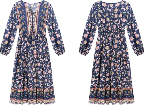 Vista 6 de RVivimos Vestido midi de manga larga de algodón con cuello en V y botones para mujer con estampado floral bohemio