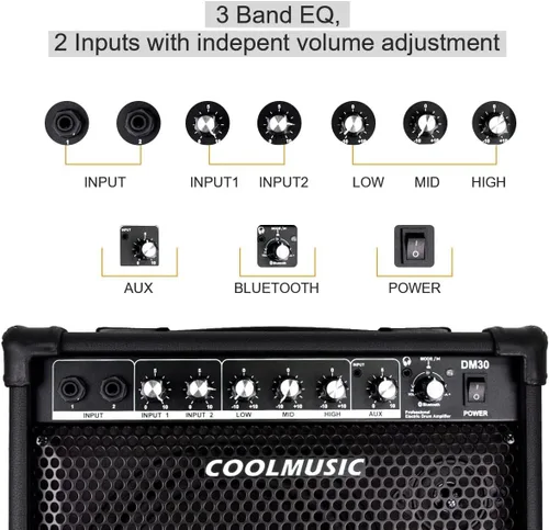 Vista 5 de Coolmusic Amplificador de batería 30W, amplificador de teclado de altavoz de tambor eléctrico inalámbrico con ecualizador de 3 bandas y salida DI
